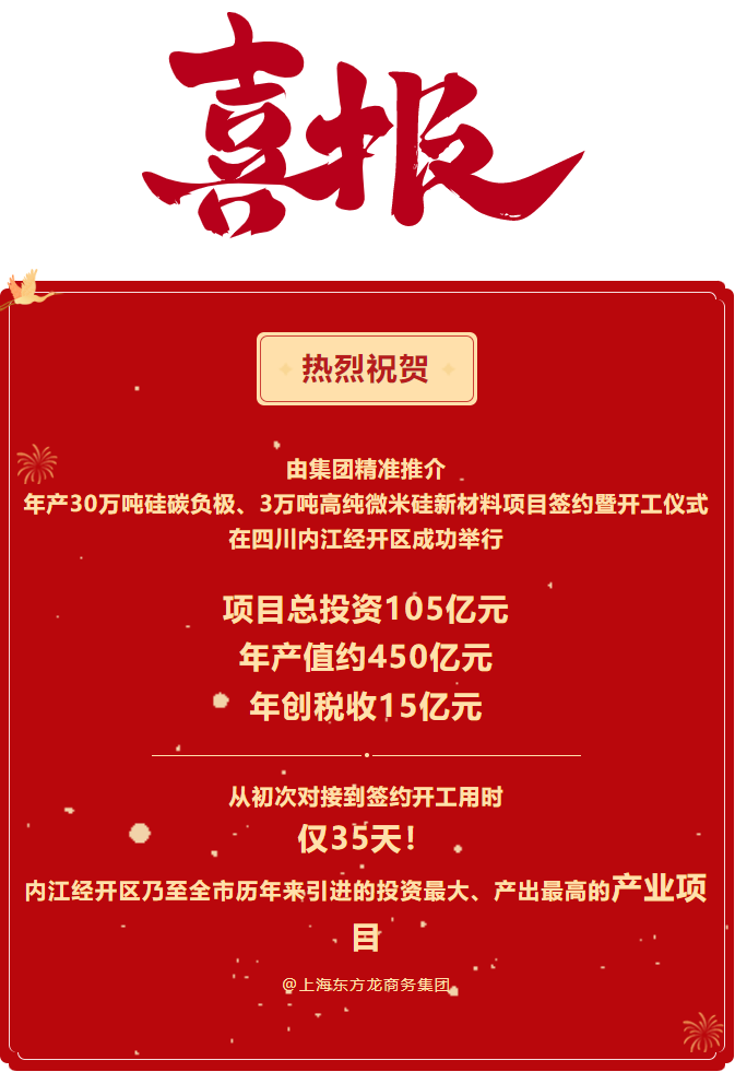 熱烈祝賀  由集團(tuán)精準(zhǔn)推介  年產(chǎn)30萬噸硅碳負(fù)極、3萬噸高純微米硅新材料項目簽約暨開工儀式在四川內(nèi)江經(jīng)開區(qū)成功舉行    項目總投資105億元  年產(chǎn)值約450億元  年創(chuàng)稅收15億元     從初次對接到簽約開工用時 僅35天！ 內(nèi)江經(jīng)開區(qū)乃至全市歷年來引進(jìn)的投資最大、產(chǎn)出最高的產(chǎn)業(yè)項目 @上海東方龍商務(wù)集團(tuán)